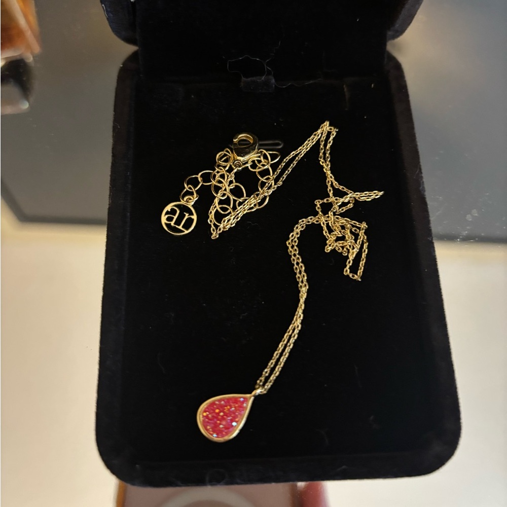 Pink Druzy Teardrop Necklace – Gold Tone – Valentine’s Day Gift